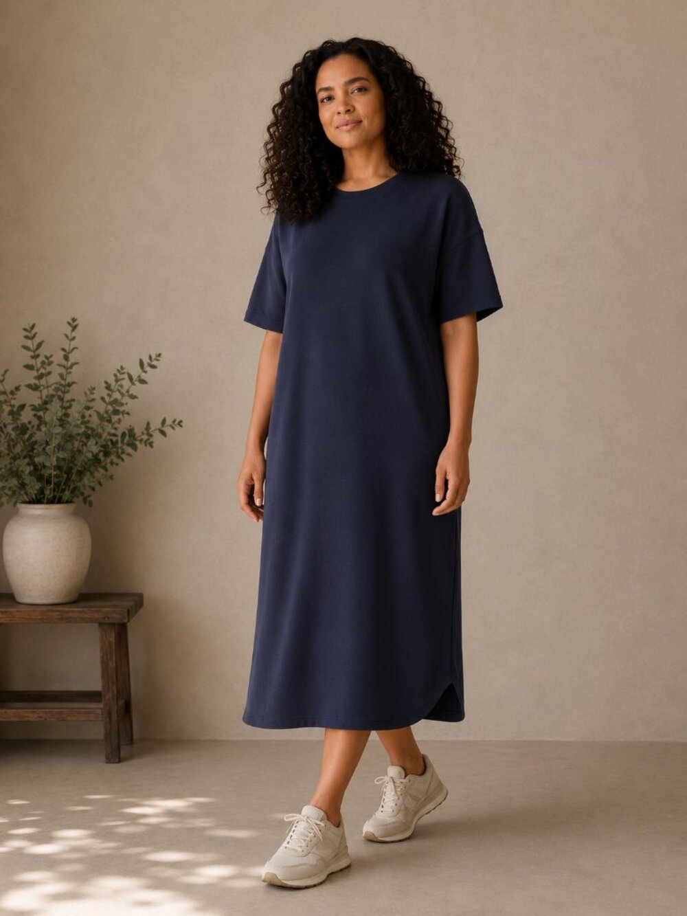 Eileen Fisher Garment-Dyed Lyocell Crew Neck Dress in Navy Sz L